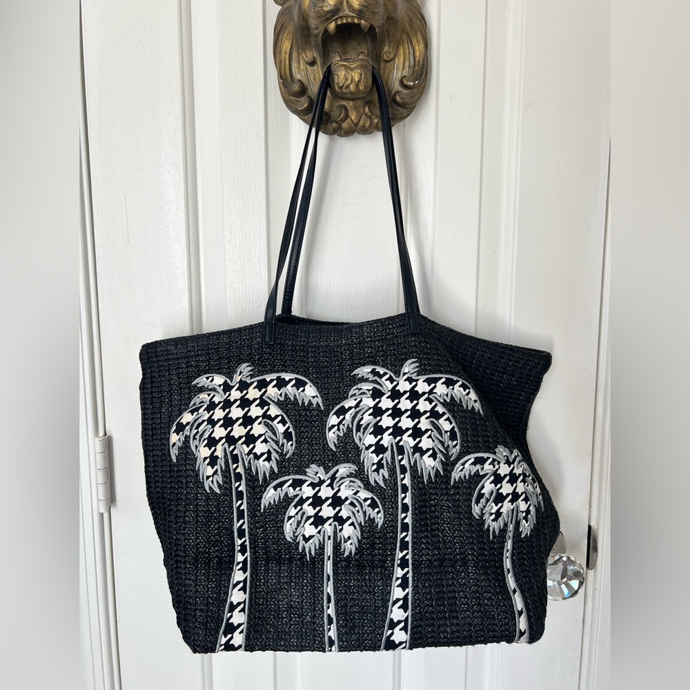Vera Bradley Black Straw Houndstooth Palm tree tote bag